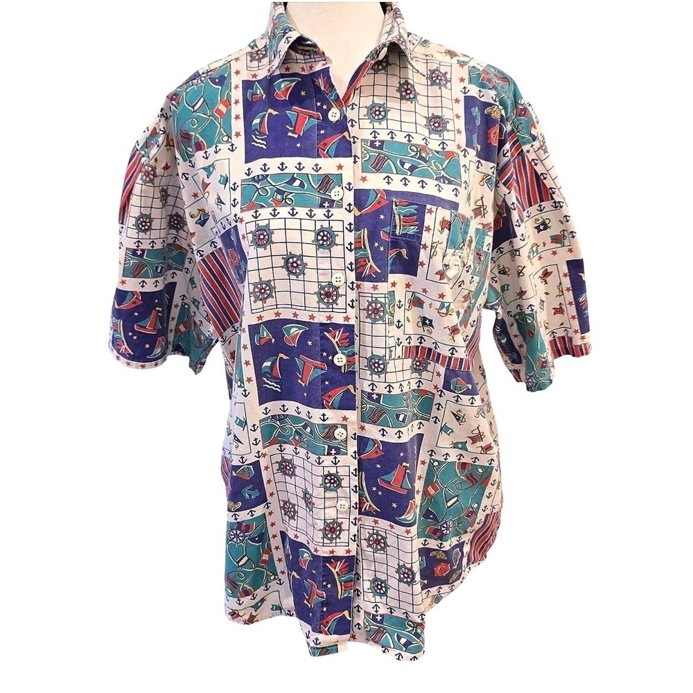 VTG 90s KZK Nautical Patchwork Shirt Blouse Sailboat Sz L 22x26 Faded Cotton
